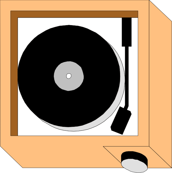 The image shows a turntable with an album on it inside of what appears to be a wooden crate-like structure against a white background.