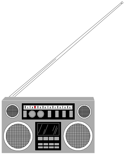 The black and white illustration shows a vintage radio with dials on its front panel placed next to an antenna against a dark background.