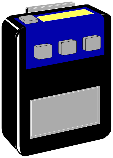The image shows a blue electronic device with buttons on its front side against a black background.