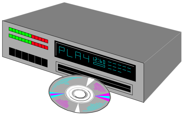 The image shows a gray electronic device with buttons labeled "play" and other controls on top of it next to an open CD case containing one disc; there is also text that reads 2035 in white letters, suggesting this could be from a futuristic setting or concept art for such. In the background, there's another gray electronic device with buttons labeled "record" and other controls on top of it next to an open CD case containing one disc; both devices have digital displays showing numbers 1035 in red letters at their center front ends. The overall style is
