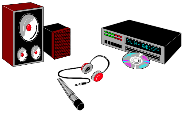 The image shows a collection of electronic equipment including speakers, headphones, CDs, cassette tapes, an amplifier with knobs on it, and other audio-related items arranged in front of each other against a black background.