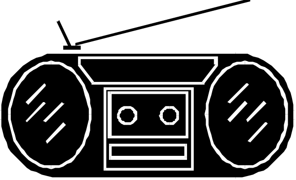 The black and white line drawing shows a boombox with two speakers on either side of it.