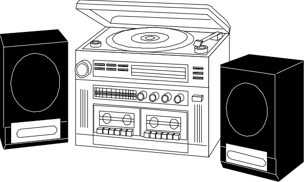 The black and white illustration shows a stereo system with various components including speakers on either side of it, two turntables in front, knobs for volume control, an antenna atop one speaker, and cassette tapes visible inside the open compartment below each deck.