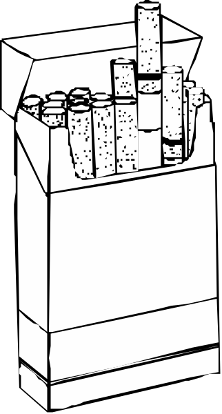 The black and white illustration shows a cartoon of an open pack of cigarettes with individual cigarette sticks visible inside it on top of what appears to be a box that resembles a pizza slice.