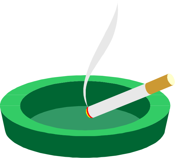 The image shows a cartoon depiction of an ashtray with cigarette butts inside it next to two cigarettes on top; one is lit while the other has been smoked out completely.