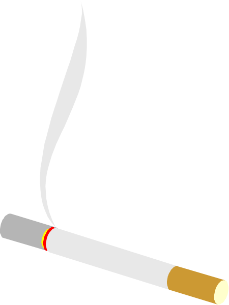 The image shows a lit cigarette with smoke curling upwards next to it on what appears to be an ashtray surface against a dark background.