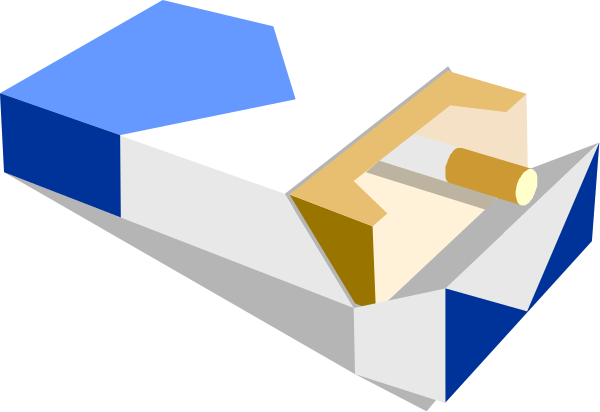 The image shows a blue box with an open top containing two white blocks inside it on what appears to be a gray surface.
