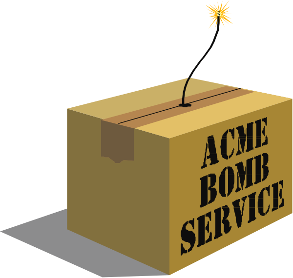 The image shows a cardboard box with "ACME BOMB SERVICE" written on it next to an explosion icon in white text against a black background.