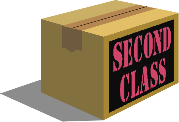 The image shows a cardboard box with "SECOND CLASS" written on it placed next to another smaller brown box that has "2ND CLASS SECONDS" printed in white letters against a black background, suggesting these boxes might be related to shipping or postal services and are set indoors.