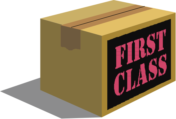 The image shows a cartoon depiction of an open cardboard box with "FIRST CLASS" written on it in bold letters atop what appears to be another smaller package inside.