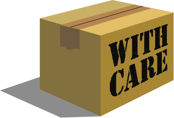 The image shows a cardboard box with "WITH CARE" written on it placed next to an open suitcase that is empty inside.