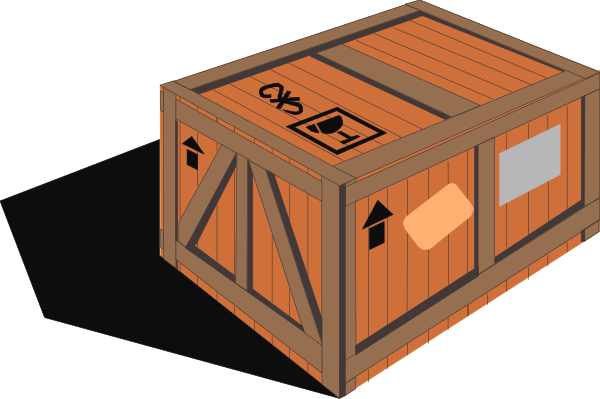 The image shows a large orange shipping container with white lettering on it placed outdoors during daylight hours under clear skies.