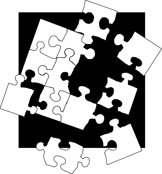 The image shows a black puzzle piece with white interlocking pieces on its side against a dark background to represent jigsaw puzzles being put together; next to it is another similar-looking but smaller puzzle, which appears incomplete and has been partially assembled or taken apart from an overhead perspective.