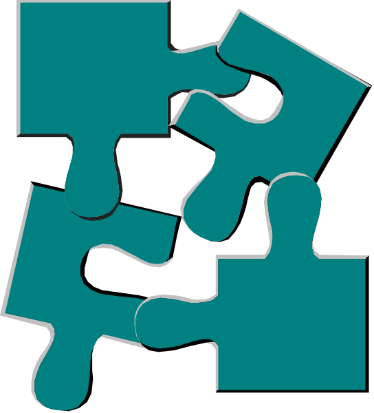 The image shows a jigsaw puzzle with several pieces connected together to form an abstract shape resembling interlocking gears against a white background.