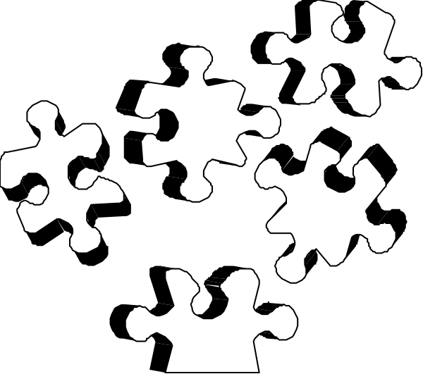 The black and white image shows a collection of puzzle pieces scattered across it with no discernible pattern.