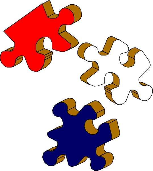 The image shows four puzzle pieces with different shapes: a red piece shaped like an L, another blue piece that is also incomplete but has no distinct shape, one white piece resembling two interlocking gears and finally, a black piece featuring three connected circles forming a triangle within the circle.