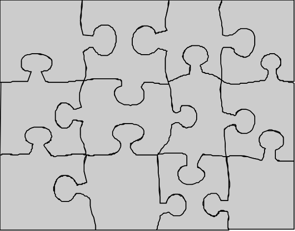 The image shows a black and white puzzle with several pieces missing from it.