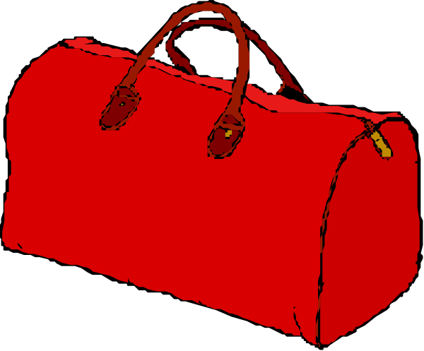 The image shows a red duffle bag with handles on top of it placed next to another similar item that is partially visible in black and white tones against an indistinct background.