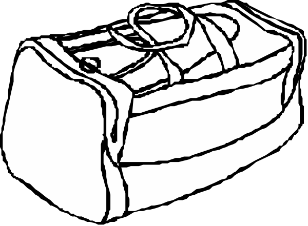 The black and white line drawing shows a suitcase with clothes inside it on top of another piece of luggage that is closed next to an open umbrella in what appears to be rainy weather outside.