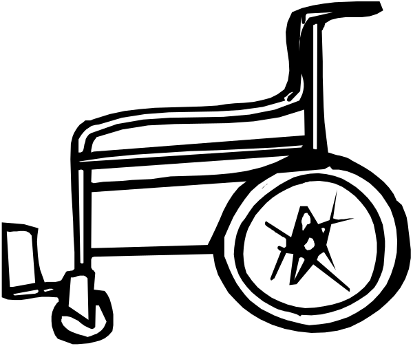 The black and white illustration shows a wheelchair with an attached basket on its right side next to what appears to be a small table or stand in front of it.