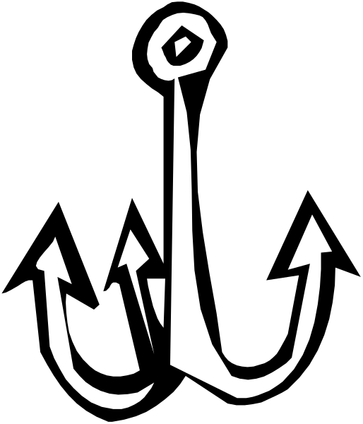 The black and white illustration shows a fishing lure with three hooks on it against an abstract background that resembles water.