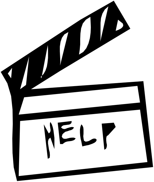 The black and white silhouette of a film clapperboard with "HELP" written on it against an unseen background.