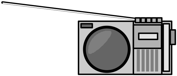 The black and white illustration shows a radio with an antenna on top of it next to what appears to be stereo equipment in front of some kind of wall-mounted device that resembles speakers, all set against a plain background.