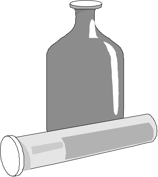 The image shows a clear glass bottle with an open top next to a rolled up scroll on what appears to be black background.