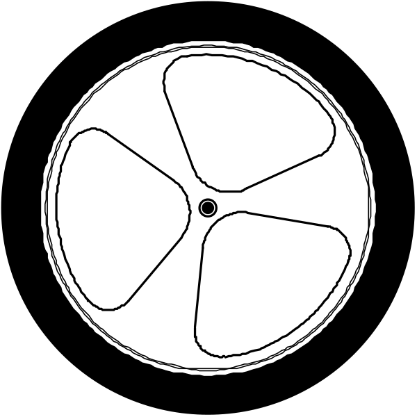 The black and white illustration shows a wheel with spokes against a dark background.