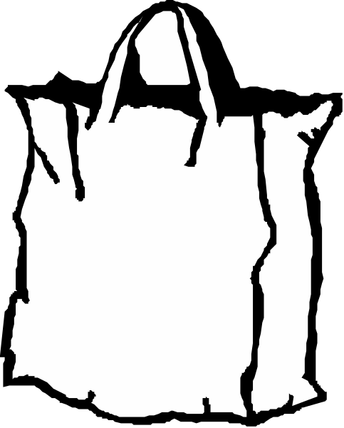 The black and white silhouette of a shopping bag with handles on top against an unseen background.