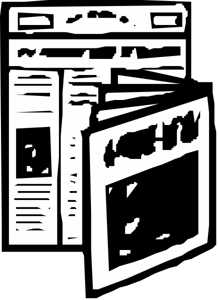 The black and white illustration shows a newspaper with an open page next to it on its stand, which is placed against what appears to be another object that resembles a bookcase in profile view.