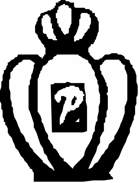 The image shows a black and white logo with an emblem that resembles a shield containing two crossed swords on either side of what appears to be a crown atop them; below this is a circular design featuring three stars, each within its own circle.