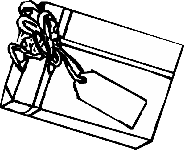 The black and white illustration shows a gift box with an open lid on top of what appears to be a table or countertop in one corner; there is also another smaller image within it that seems like a person holding something, but due to its size and resolution, details about this figure are not clear.