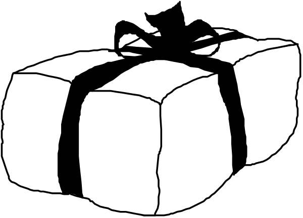 The black and white illustration shows a collection of wrapped gifts with ribbons tied around them on top of each other in an unorganized manner against a dark background.