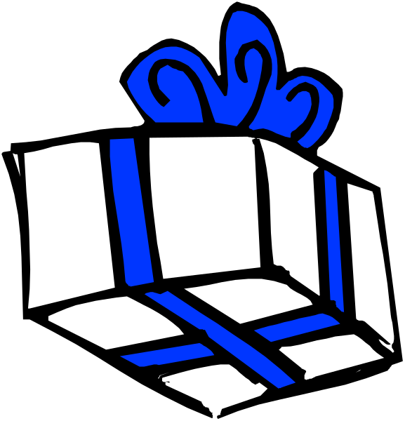 The image shows a blue gift box with white ribbon on top of it placed next to an open book that is lying flat in front of them both against a black background.