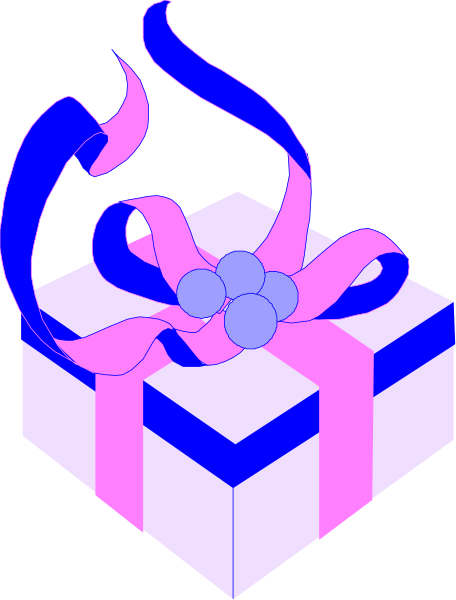 The image shows a pink gift box with blue ribbon tied around it on top of which there is an illustration of three white flowers in full bloom against a dark background; to its right side appears what seems like a flame, possibly indicating heat or fire.