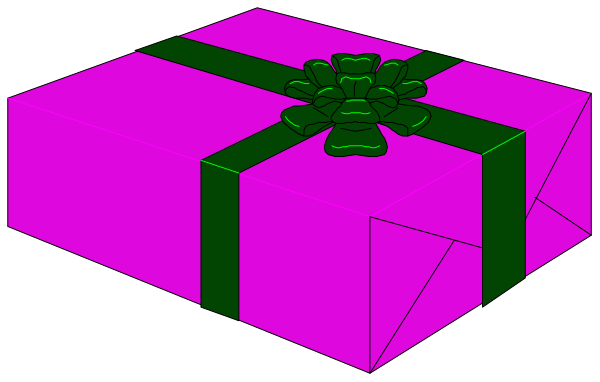 The image shows a purple gift box with an open top revealing its contents to be wrapped presents inside it; there is no text present in this clip-art illustration.