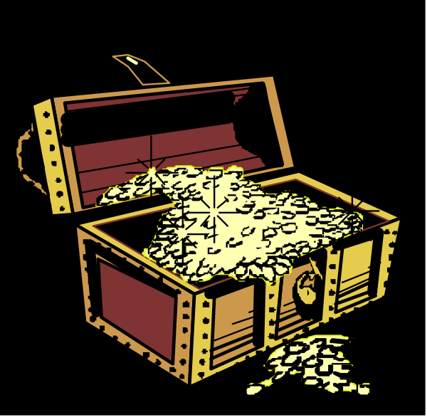The image shows an open treasure chest filled with gold coins spilling out onto a dark background; there is no text present in this clip-art illustration.