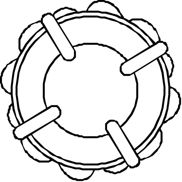 The black and white line drawing shows a gear with teeth on its edges connected to another similar gear by two bolts at their centers.