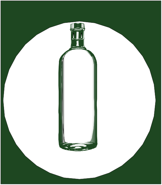 The image features a clear glass bottle with no visible contents against a white background inside an oval frame that is outlined by black lines forming concentric circles around it.