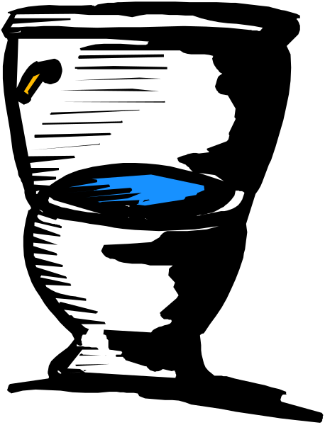 The black and white illustration shows a toilet with an open lid next to it is a blue cup on top of another object that resembles a sink basin.