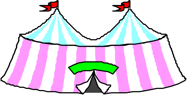 The image shows a circus tent with striped poles on top of it against an outdoor background at nighttime.