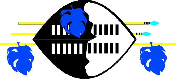 The image shows a black keyboard with white keys on it against an abstract background that includes blue shapes resembling musical notes.