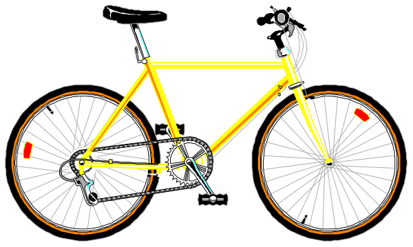 The image shows a yellow bicycle with three wheels displayed against different backgrounds: black for two of them showing only half of each wheel; white for one full view where all parts can be seen clearly including pedals, chainrings and spokes.