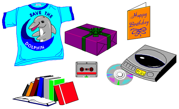 The image shows a collection of items on display: there's an open book with its pages facing upwards; next to it is a small blue dolphin figurine wearing sunglasses; above these, two t-shirts hang side by side—one has "Save the Dolphins" written across it and features a cartoon image of a dolphin on top. The other shirt displays an illustration with text that reads "Happy Birthday." To the right is a small gift box adorned with ribbon; in front, there's a CD
