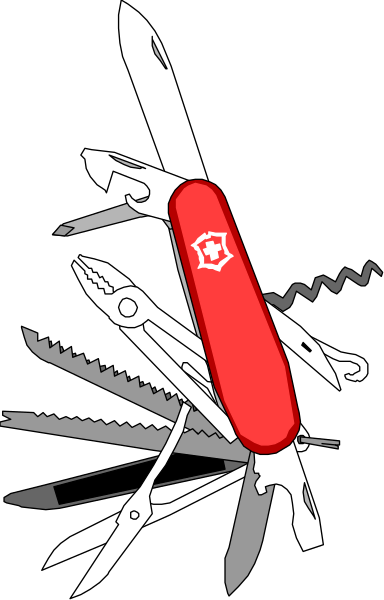 The picture shows a Swiss army knife with various tools extended from it against a black background.