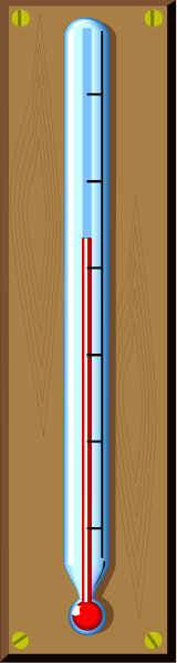 The image shows a thermometer with two red dots on it placed inside an open wooden box against a gray background.