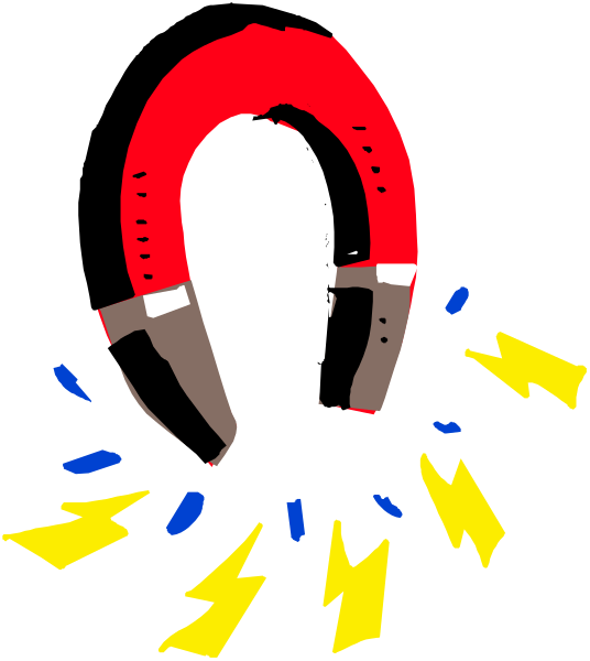 The image shows a black background with an illustration of a red magnet on top that has yellow sparks emanating from it; there is no text present in this clip-art image.