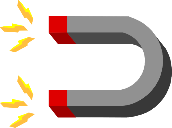The image shows a magnifying glass with an exclamation mark inside it next to what appears to be a magnet-like object that has three arrows pointing outward from its center in different directions; there is also some kind of explosion effect around this central item, suggesting motion or energy emanating.