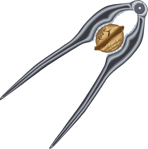 The image shows a pair of stylized scissors with an acorn on top against a black background.